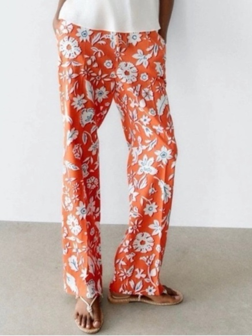ZARA Orange Floral Wide-Leg Pants